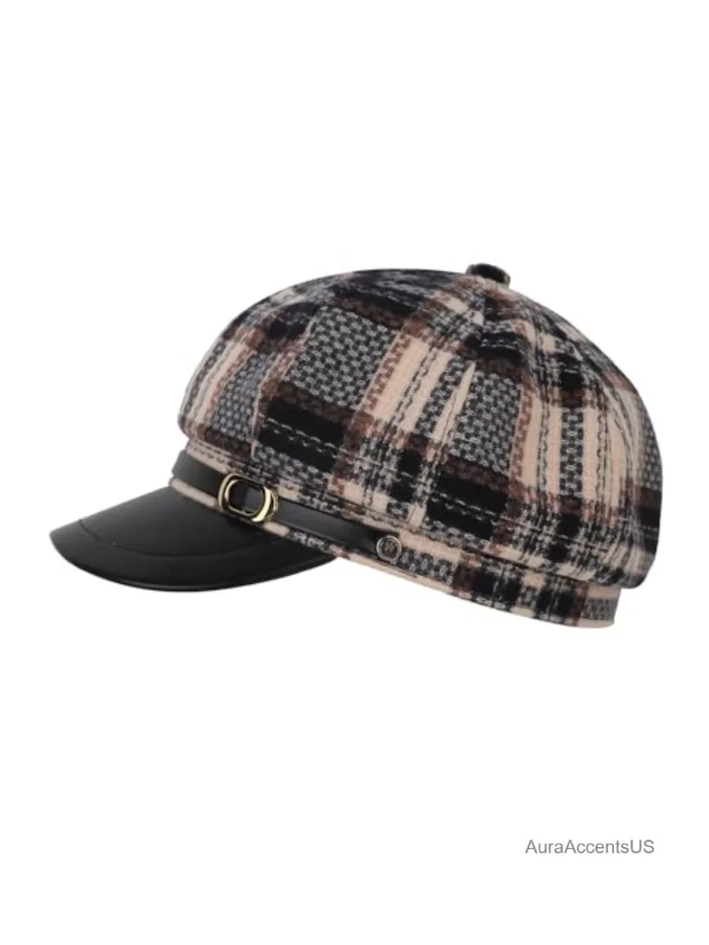 Womens Vintage Plaid Newsboy Hat Faux Leather Visor Cabbie Beret